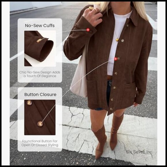 Faux Suede Jacket Women Long Sleeve Button Down Winter Coat Shacket - Picture 4 of 7